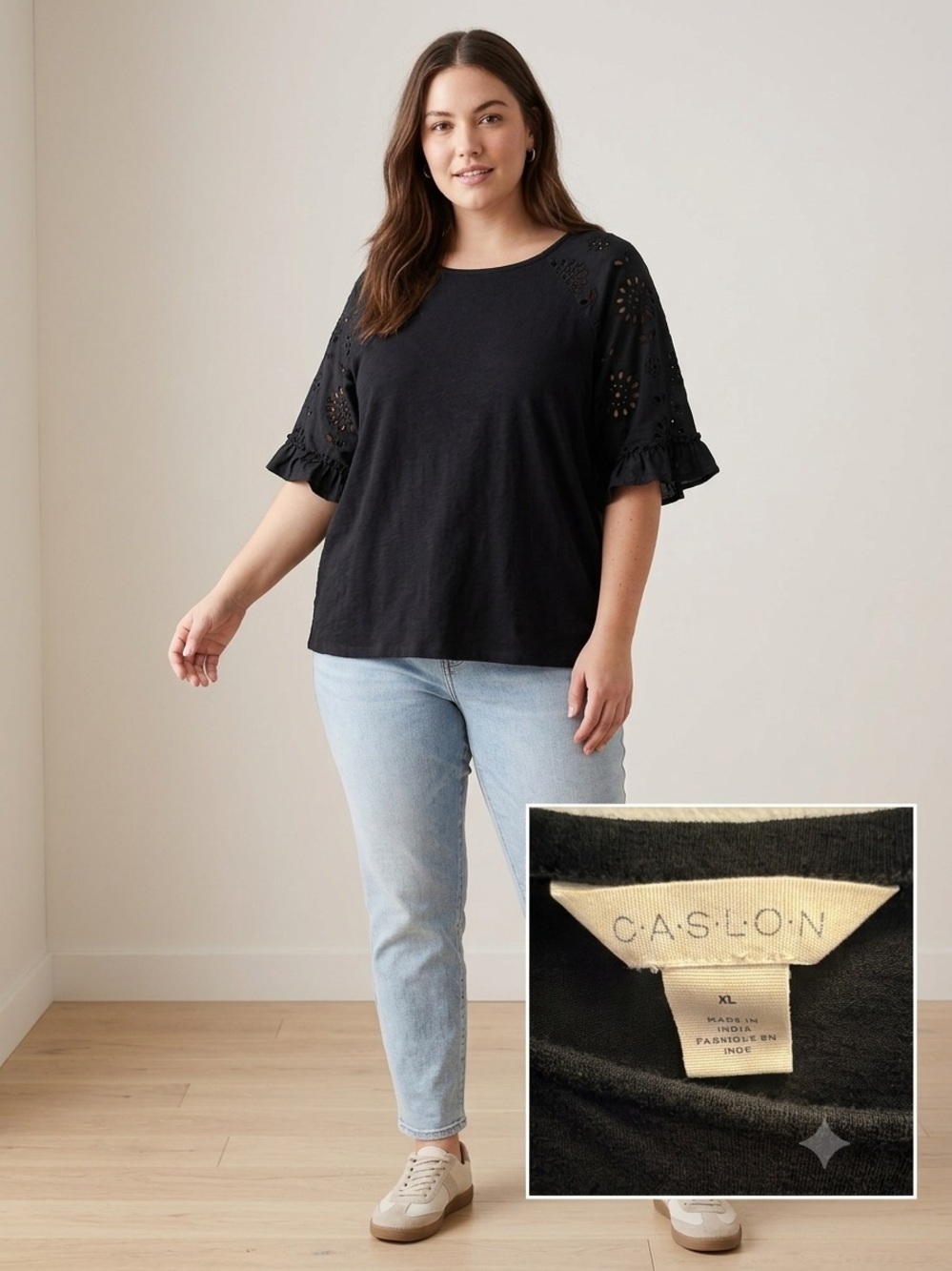 Caslon Black Cotton Eyelet Ruffle Sleeve Tee